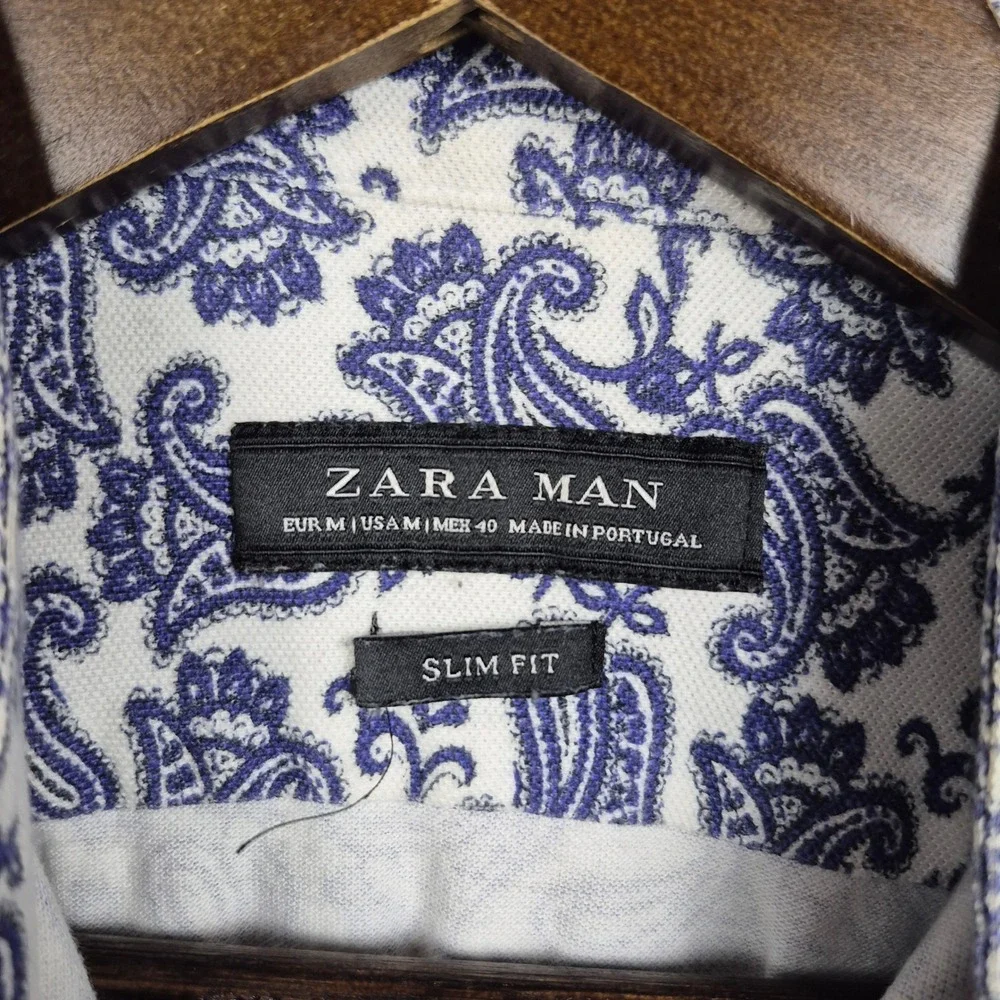 Zara Man Blue Paisley Band Collar Slim Fit Short Sleeve Shirt Mens Medium